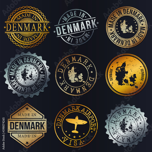 Denmark Quality Germany Metal Stamps. Gold Made In Product Seal. National Logo Icon. Symbol Design Insignia Country.