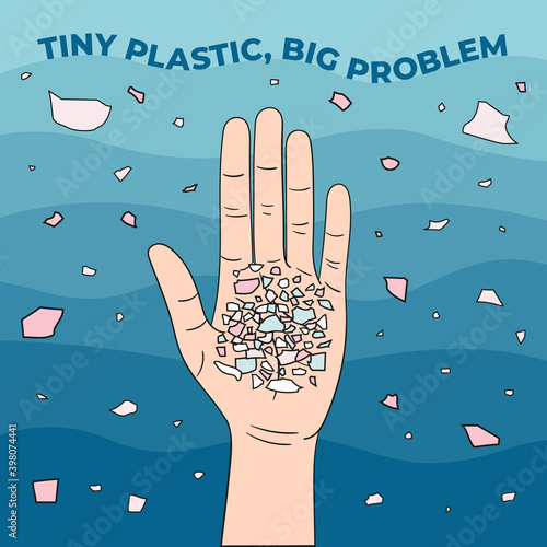 Micro beads on the palm. Microplastics in water from mismanaged plastic waste