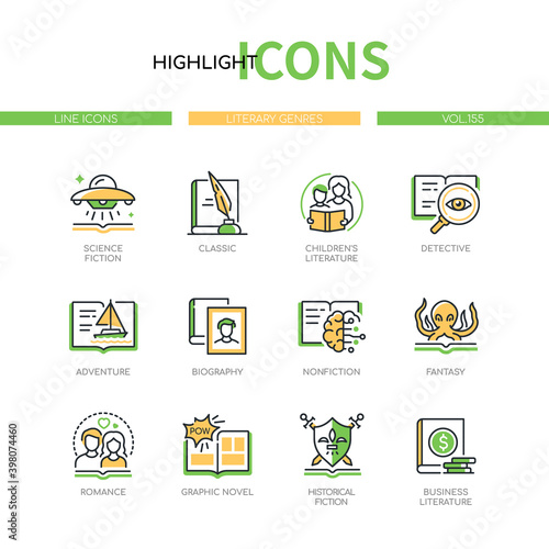 Literary genres - line design style icons set