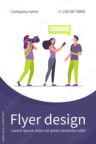 Camera crew making reportage. Journalist interviewing man while operator shooting flat vector illustration. Broadcasting, communication, tv concept for banner, website design or landing web page