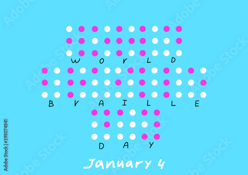 world braille day. banner on a blue background with text and dots.