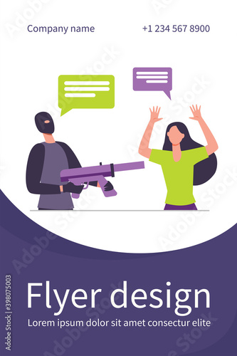 Criminal in mask aiming gun at scared victim. Woman raising arms and talking to offender flat vector illustration. Robbery, hostage taking concept for banner, website design or landing web page