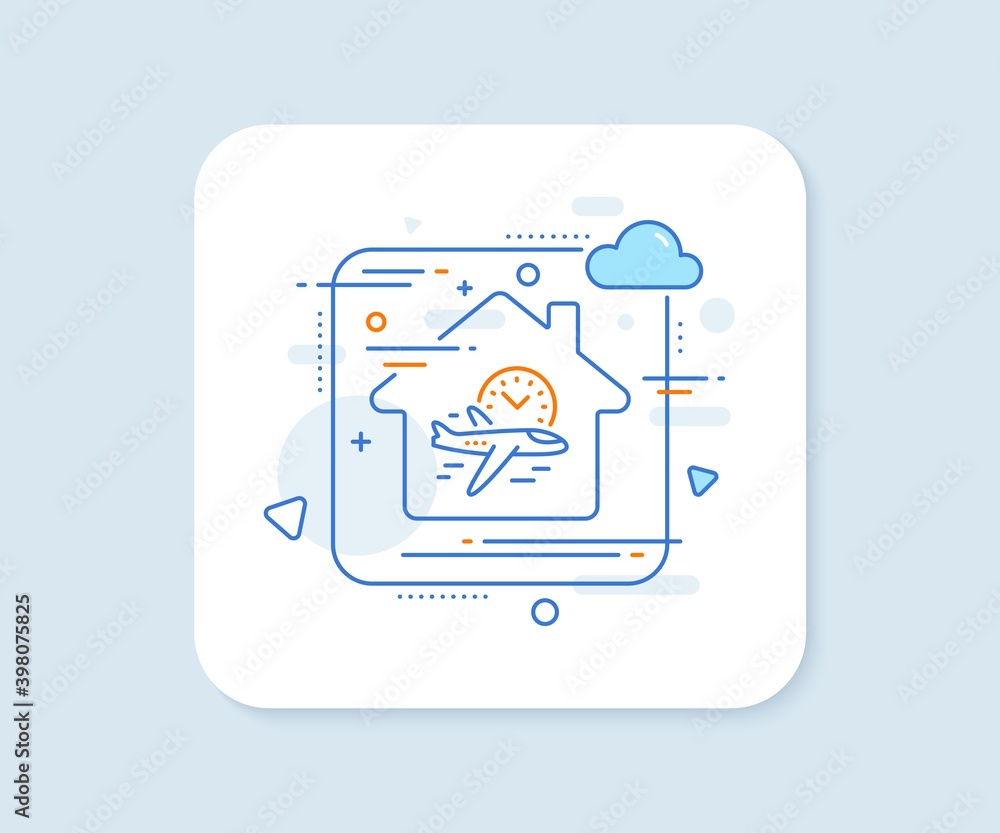 Flight time line icon. Abstract vector button. Airplane with clock sign. Airport flights symbol. Flight time line icon. Home concept badge. Vector