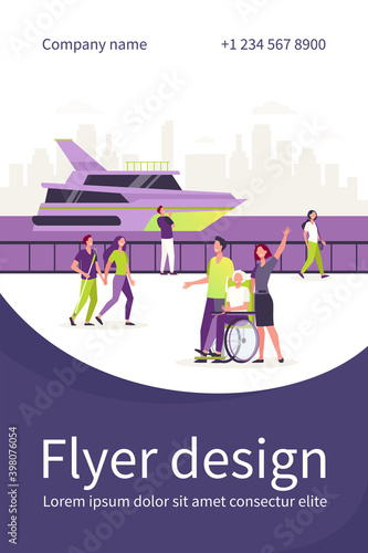 People enjoying vacation and walking by sea or river, waving hello at boat. Flat vector illustration for tourists, seaside, quay, leisure time in summer concept