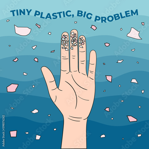 Micro beads on fingers. Microplastics in water from mismanaged plastic waste
