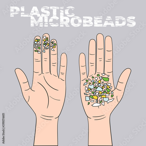 Micro beads on the palm. Microplastics from mismanaged plastic waste