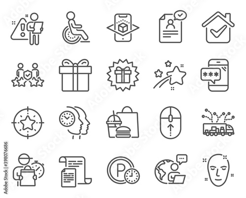Business icons set. Included icon as Truck delivery, Surprise gift, Resume document signs. Security agency, Disability, Time management symbols. Star target, Health skin, Gift box. Vector