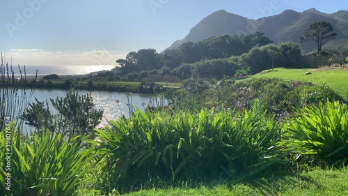 Sunburst reflections on pond and Noordhoek beach rolling green hills Cape Point Vineyard on the Cape Peninsula photo