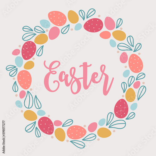 Easter wreath with colorful eggs and leaves. Vector greeting card