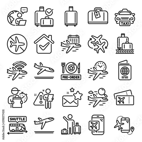 Airport line icons. Boarding pass, Baggage claim, Arrival and Departure. Connecting flight, tickets, pre-order food icons. Passport control, airport baggage carousel, inflight wifi. Vector photo