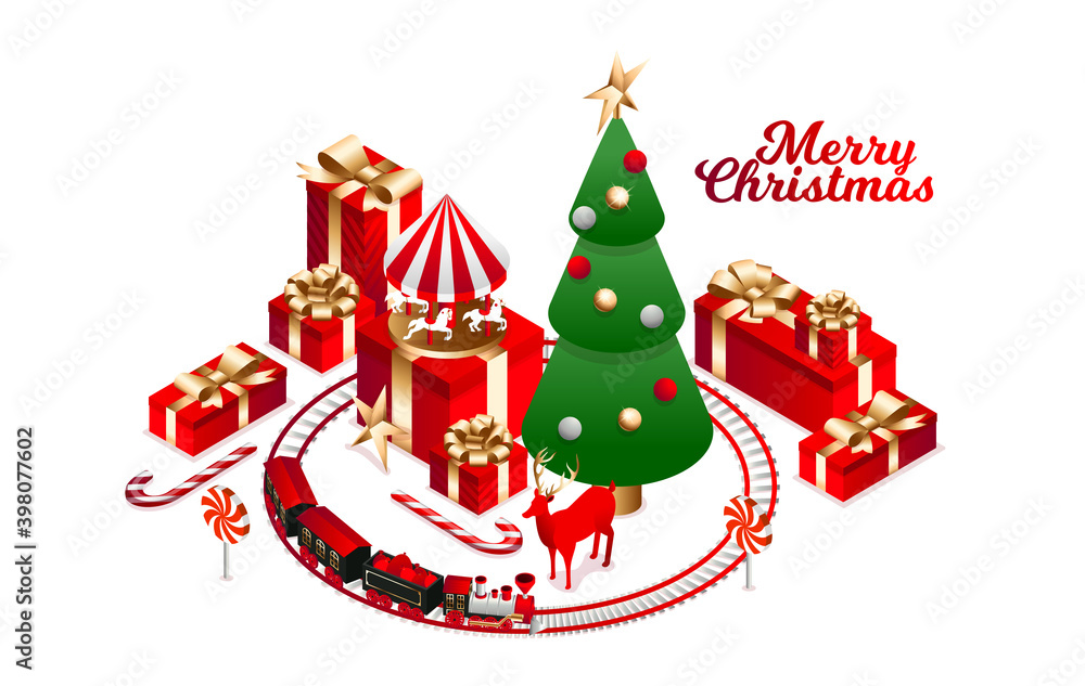 Naklejka premium Vector isometric flat illustration. graphic design festive merry christmas and happy new year 2021. design elements on a red background isometric christmas tree with red gift boxes with golden bows
