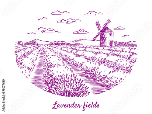A sketch of lavender fields. French countryside landscape in Provence. Creates a summer mood.