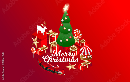 Vector isometric flat illustration. graphic design festive merry christmas and happy new year 2021. design elements on a red background isometric christmas tree with red gift boxes with golden bows