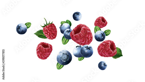 Raspberries and blueberries are flying on a white background.