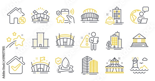 Set of Buildings icons, such as Buildings, Loan house, Skyscraper buildings symbols. Flood insurance, Lighthouse, Arena stadium signs. University campus, Court building, Arena. Circus. Vector