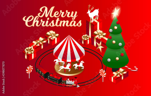 Vector isometric flat illustration. graphic design festive merry christmas and happy new year 2021. design elements on a red background isometric christmas tree with red gift boxes with golden bows