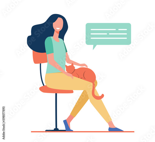 Happy woman enjoying her pet. Girl holding red cat on lap flat vector illustration. Animal care, home, pet adoption concept for banner, website design or landing web page