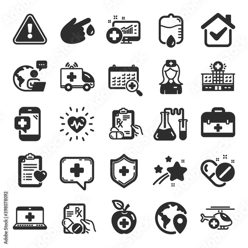 Medical rx icons. Hospital assistance, Ambulance, Health food diet, Laboratory tubes icons. First aid kit, Medical doctor, Prescription Rx recipe. Drop counter, Ambulance emergency car. Vector