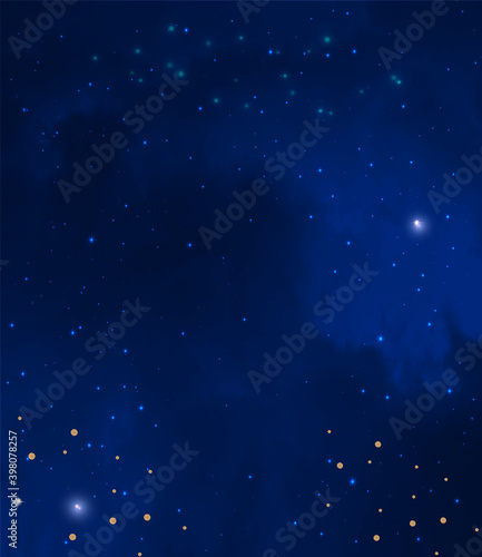 Night dark blue sky with sparkling stars. Vector background. 