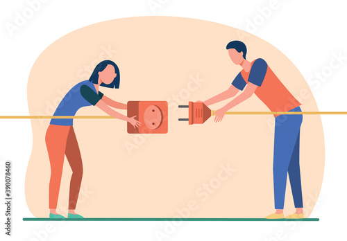 Two people connecting plug and socket. Man and woman pulling cords with outlet and plug flat vector illustration. Wire connection, electricity concept for banner, website design or landing web page