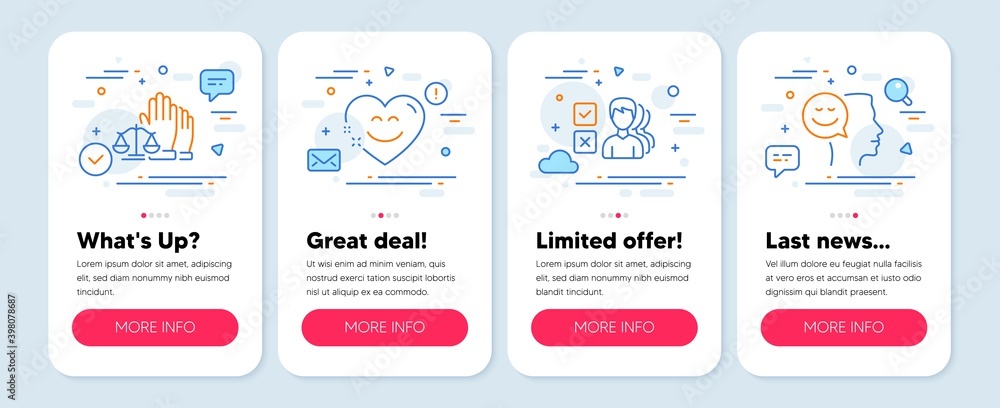 Set of People icons, such as Opinion, Court jury, Smile chat symbols. Mobile screen mockup banners. Good mood line icons. Choose answer, Justice voting, Heart face. Positive thinking. Vector Set of People icons, such as Opinion, Court jury, Smile chat symbols. Mobile screen mockup banners. Good mood line icons. Choose answer, Justice voting, Heart face. Positive thinking. Vector