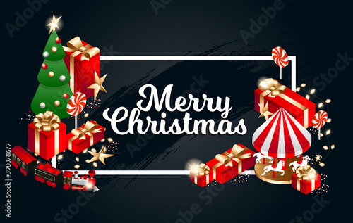 Wallpaper Mural Vector isometric flat illustration. graphic design festive merry christmas and happy new year 2021. design elements on a red background isometric christmas tree with red gift boxes with golden bows Torontodigital.ca