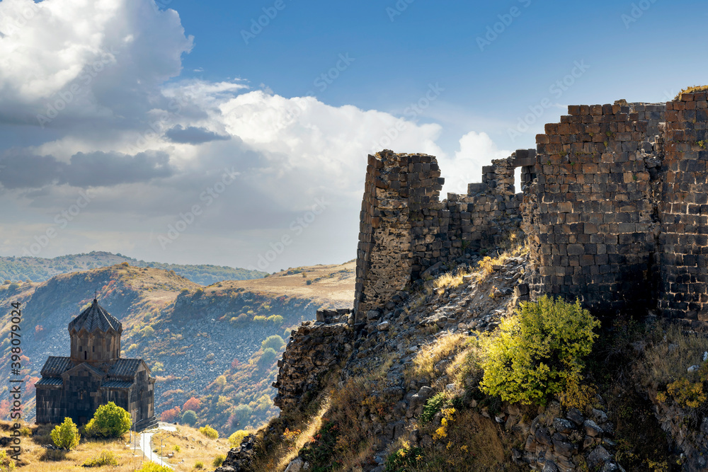 Fototapeta premium Vahramashen Surp Astvatsatsin, 10th century church and the fortress of Amberd, in Mount Aragats along the promontory of Arkashian River.