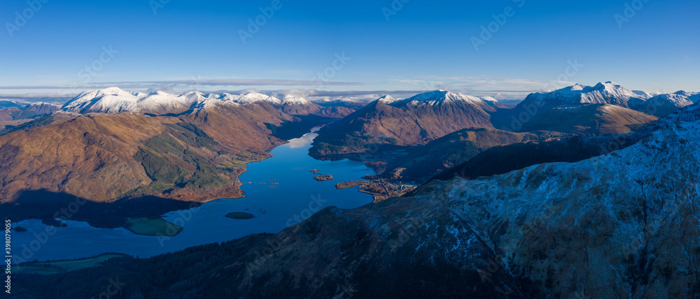 aerial view of loch leven and glen coe village near fort william in the argyll region of the highlands of scotland shot from above glenachulish