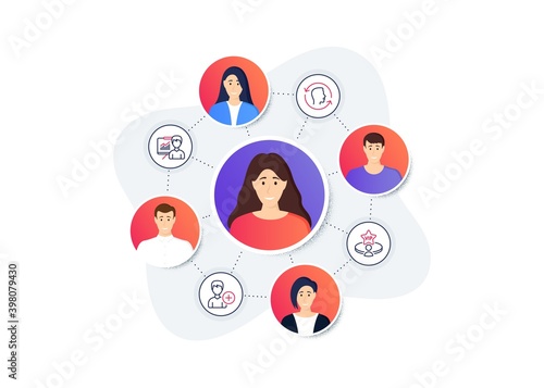 Set of People icons, such as Presentation, Vip table, Face id symbols. Online team work banner. Employee remote job. Add person line icons. Vector