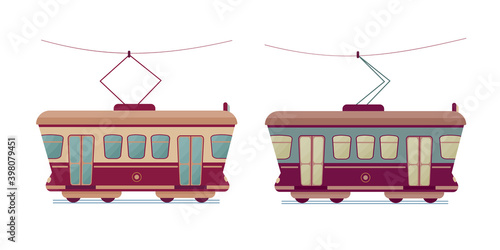 Set of two cartoon retro trams. Vector colorful isolated illustration in flat style.