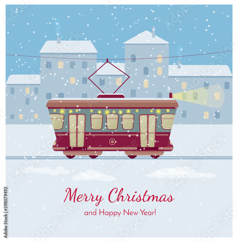 Winter city landscape with cartoon retro tram. Vector colorful illustration in flat style. Christmas and New Year greeting card.