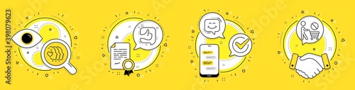 Like, Smile chat and Friends couple line icons set. Licence, cell phone and deal vector icons. Stop shopping sign. Thumb up, Happy face, Friendship. No buying. People set. Like speech bubble. Vector
