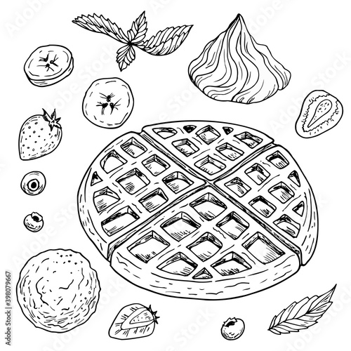 A set for breakfast or dessert. Waffles with fillings. Berries, fruits, icecream and cream. Hand drawn vector. Monochrome black and white ink. Isolated on white. Coloring page.