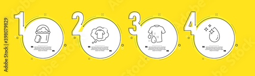Wash t-shirt, T-shirt and Sponge line icons set. Timeline process infograph. Water drop sign. Laundry shirt, Cleaner bucket, Crystal aqua. Cleaning set. Yellow infographics timeline. Vector