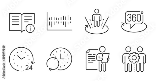 Update time, Technical info and Augmented reality line icons set. Employees teamwork, 360 degree and Column diagram signs. Job interview, 24 hours symbols. Quality line icons. Vector
