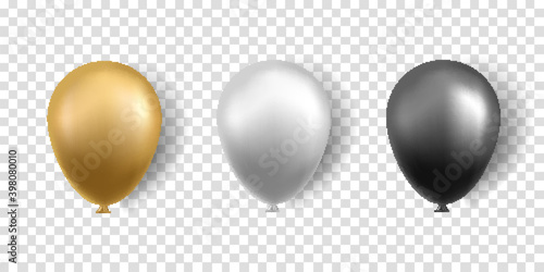 Balloons isolated on transparent background. Gold, silver and black balloons with shadow. Vector illustration.