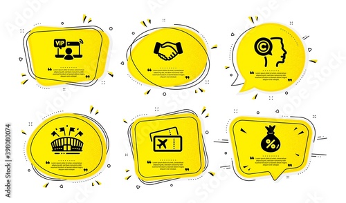 Handshake, Boarding pass and Writer icons simple set. Yellow speech bubbles with dotwork effect. Sports arena, Vip access and Loan signs. Deal hand, Flight ticket, Copyrighter. Vector