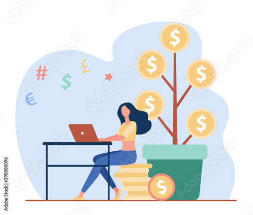 Woman investing money. Investor using computer, growing cash tree flat vector illustration. Trading, finance, investment concept for banner, website design or landing web page