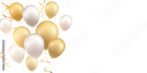 Gold and silver balloons with confetti on white background. Celebration background design.