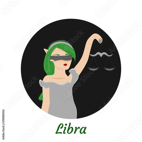 Libra zodiac sign. An elven woman with green hair, with a mask over her eyes and a scale in her hand.

