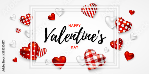 Happy Valentine's Day greeting card design with composition of frame and hearts with different patterns on a red bright background. Holiday gift card, festive banner, poster