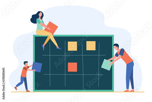 Business team planning tasks. Managers sticking paper notes on board flat vector illustration. Teamwork, project management concept for banner, website design or landing web page