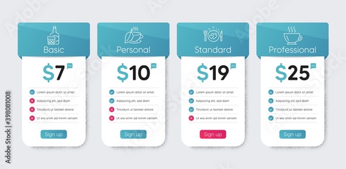 Whiskey glass, Mint tea and Romantic dinner line icons set. Price table chart, business plan template. Coffee sign. Scotch drink, Mentha beverage, Love food. Cappuccino. Food and drink set. Vector