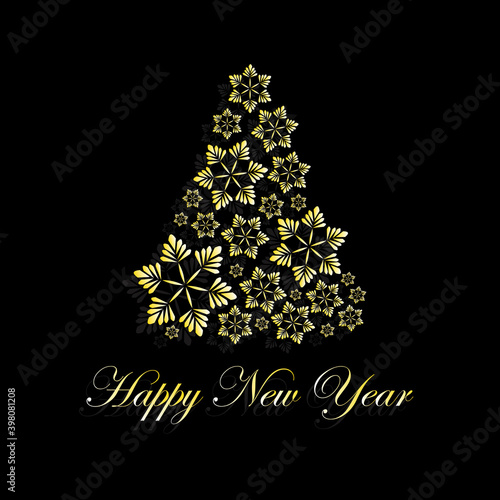 2021 greeting card. Golden Christmas tree made of snowflakes on a black background with the wish  Happy New Year . 