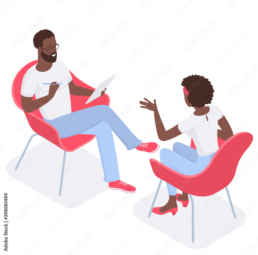 Flat design isometric vector concept for psychotherapy session. Afroamerican patient with psychologist, psychotherapist office. Psychiatrist session in mental health clinic. Flat design isometric vector concept for psychotherapy session. Afroamerican patient with psychologist, psychotherapist office. Psychiatrist session in mental health clinic.
