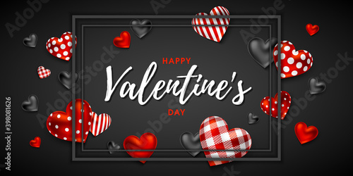 Happy Valentine's Day greeting card design with composition of frame and hearts with different patterns on a red bright background. Holiday gift card, festive banner, poster