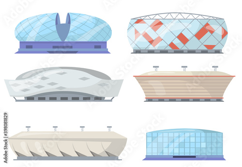 Front view of sport stadiums flat set for web design. Cartoon city athletics arena exterior in pastel colors isolated vector illustration collection. Architecture and construction concept