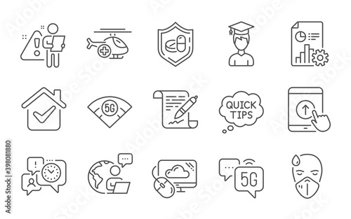 Student, Cloud computing and Report line icons set. Medical tablet, Agreement document and 5g wifi signs. 5g internet, Sick man and Swipe up symbols. Line icons set. Vector