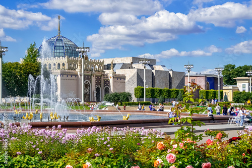 VDNH pavilion Kazakhstan on the background of the fountain. Moscow. Russia photo