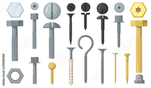 Variety of bolts and screws flat set for web design. Cartoon silver nails, nuts and washers isolated vector illustration collection. Hardware and repairing tools interior concept